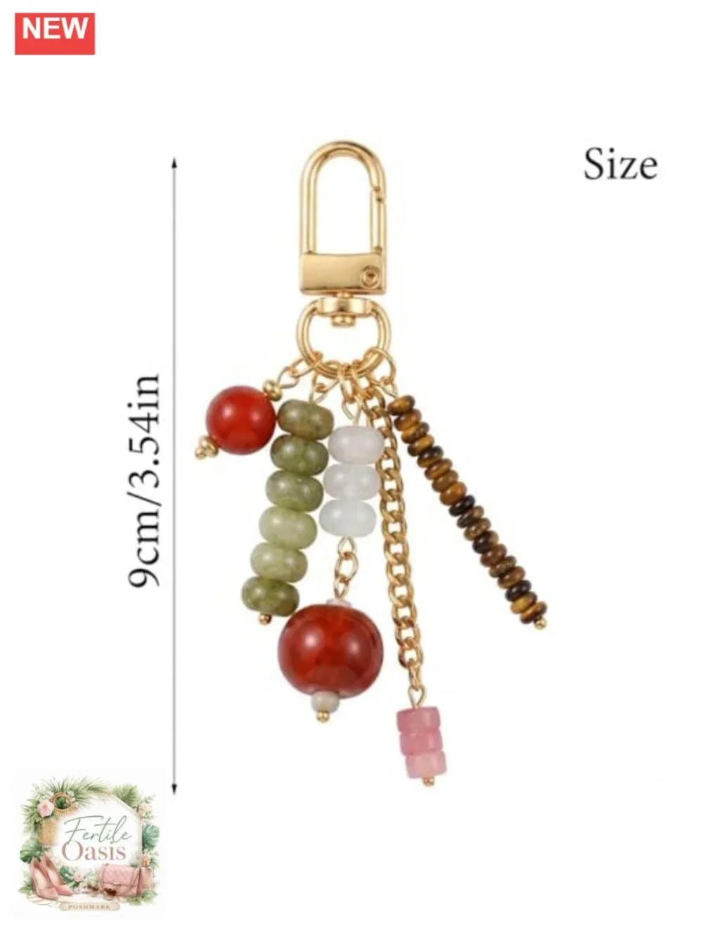 Handmade Natural Stone Beaded Keychain Charm with Gold Plated Hardware
